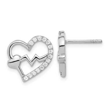 Image of 14.5mm Sterling Silver Rhodium-plated Polished CZ Heartbeat Heart Post Earrings