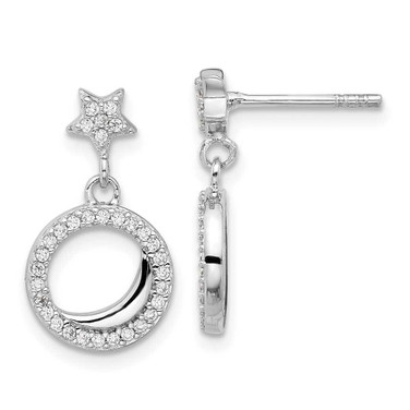Image of 19.2mm Sterling Silver Rhodium-plated Polished CZ Star Moon Dangle Post Earrings