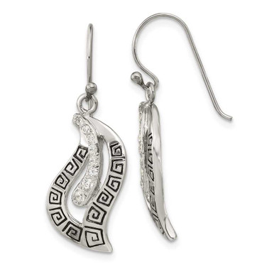Image of 34.19mm Sterling Silver Polished Enamel CZ Greek Key Dangle Shephard Hook Earrings