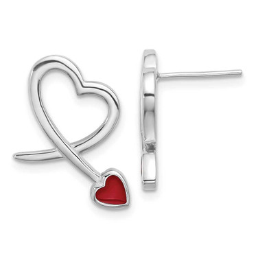 Image of 14.5mm Sterling Silver Rhodium-plated Polished Red Resin Open Heart Post Earrings