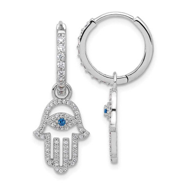 Image of Sterling Silver Rhodium-plated White & Blue CZ Evil Eye Hamsa Hoop Earrings
