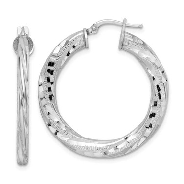 Image of 35.22mm Sterling Silver Rhodium-plated 3x33mm Diamond-cut Twisted Tube Hoop Earrings