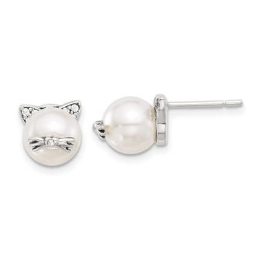 Image of 7mm Sterling Silver Polished and Antiqued CZ and Simulated Pearl Cat Post Earrings