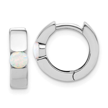 Image of 13.7mm Sterling Silver Rhodium-plated Polished Created Opal Hinged Round Hoop Earrings