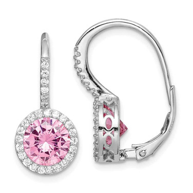 Image of 21.65mm Sterling Silver Rhodium-plated Polished Pink & White CZ Halo Leverback Earrings
