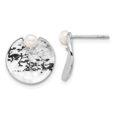 Image of 14.3mm Sterling Silver Rhodium-plated Hammered Freshwater Cultured Pearl Round Earrings
