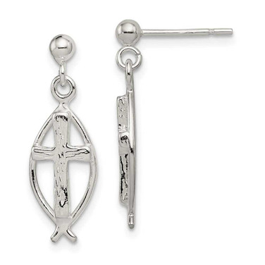 Image of 26mm Sterling Silver Polished Antiqued & Textured Ichthus & Cross Post Dangle Earrings
