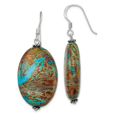 Image of 49mm Sterling Silver Polished & Antiqued Twisted Bead & Blue Jasper Oval Dangle Earrings