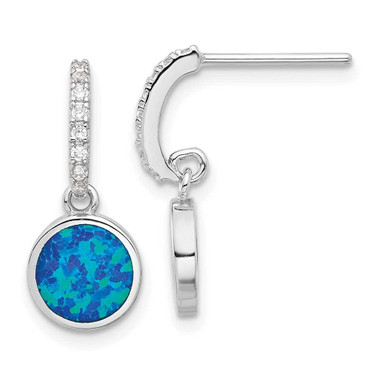 Image of 19.6mm Sterling Silver Rhodium-plated Polished CZ & Blue Created Opal Post Dangle Earrings
