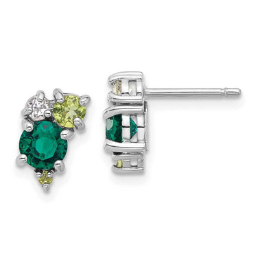 Image of Sterling Silver Rhodium-plated Created Emerald Peridot and White Topaz Post Earrings