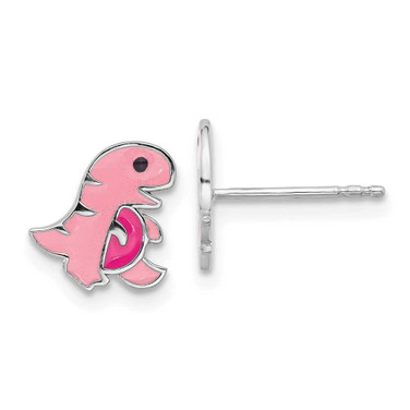 Image of Sterling Silver Rhodium-plated Polished Pink Enamel Dinosaur Childrens Post Earrings