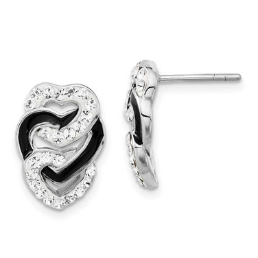 Image of 16mm Sterling Silver Rhodium-plated Black Enamel & Stellux Crystal Tri Heart Post Earrings