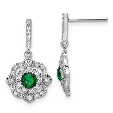 Image of 21.4mm Sterling Silver Rhodium-plated Green Glass and Clear CZ Vintaged Dangle Post Earrings