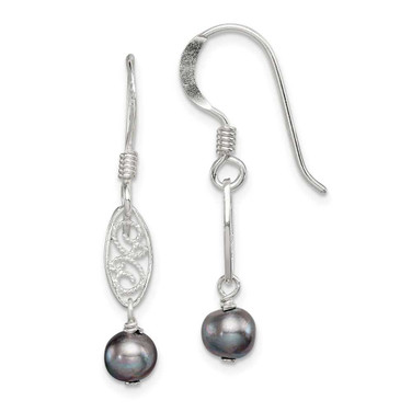 Image of 30mm Sterling Silver Polished Filigree 5-6mm Grey Freshwater Cultured Pearl Dangle Earrings