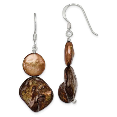 Image of 47mm Sterling Silver Polished Brown Mother of Pearl/Freshwater Cultured Pearl Dangle Earrings