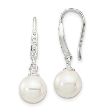 Image of 26mm Sterling Silver Rhodium-plated Polished White 7-8mm Simulated Pearl & CZ Dangle Earrings