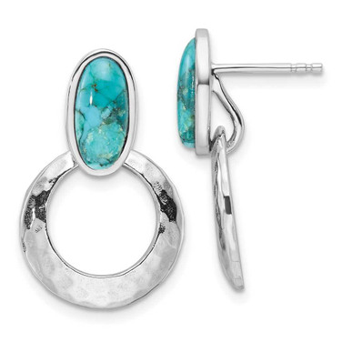 Image of 23.75mm Sterling Silver Rhodium-plated Polished & Hammered Simulated Turquoise Post Dangle Earrings