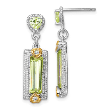 Image of 28mm Sterling Silver w/ Gold-tone Vermeil Polished & Textured Light Green CZ Hearts Post Dangle Earrings