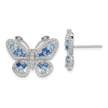 Image of 15.58mm Sterling Silver Rhodium-plated Polished Light and Dark Blue CZ with Clear CZ Butterfly Post Earrings