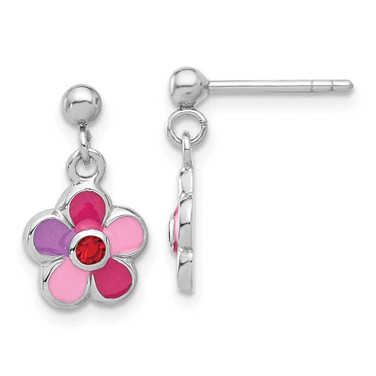 Image of Sterling Silver Rhodium-plated Polished & Multi-color Enameled Red Crystal Flower Childrens Post Dangle Earrings