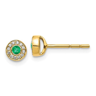 Image of 5mm 14K Yellow Gold Diamond and Emerald Halo Post Earrings EM5586-EM-007-YA
