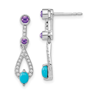 Image of 24.5mm 14k White Gold Simulated Turquoise/Amethyst/White Topaz Dangle Earrings EM7425-BTQ/AM-W Image of 24.5mm 14k White Gold Simulated Turquoise/Amethyst/White Topaz Dangle Earrings EM7425-BTQ/AM-W