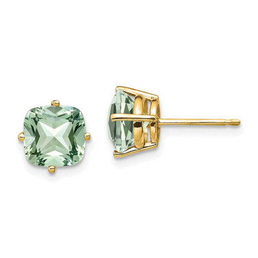 Image of 8mm 14K Yellow Gold 7mm Cushion Green Quartz Earrings
