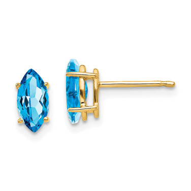 9mm 14K Yellow Gold Blue Topaz Marquise Stud Earrings
