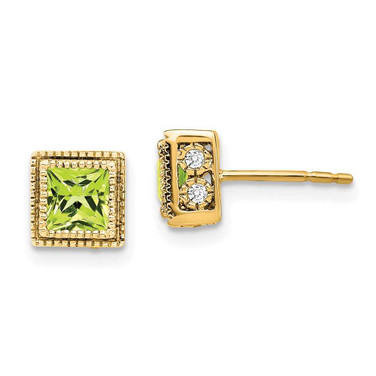 Image of 6.8mm 14K Yellow Gold Square Peridot and Diamond Earrings
