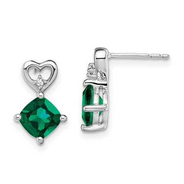 Image of 13.3mm 14k White Gold Created Emerald and Diamond Heart Earrings