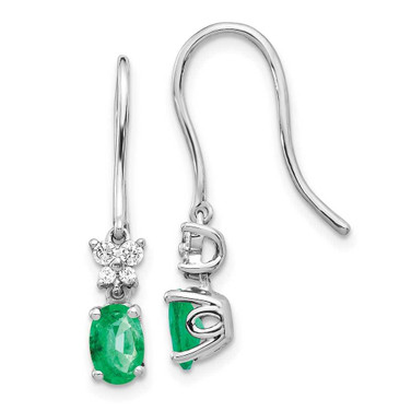 Image of 26mm 14k White Gold 1/8ctw Diamond and Oval Emerald Dangle Earrings