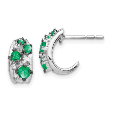Image of 11mm 14k White Gold Diamond and Emerald Polished Post Hoop Earrings