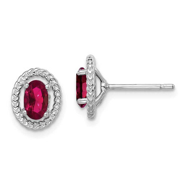 Image of 9.6mm Sterling Silver Rhodium-plated Created Ruby Oval Post Earrings Image of 9.6mm Sterling Silver Rhodium-plated Created Ruby Oval Post Earrings