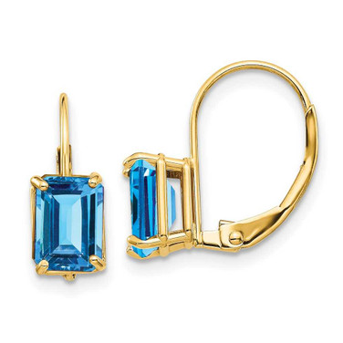 Image of 16mm 14K Yellow Gold 7x5mm Emerald-cut Blue Topaz Leverback Earrings