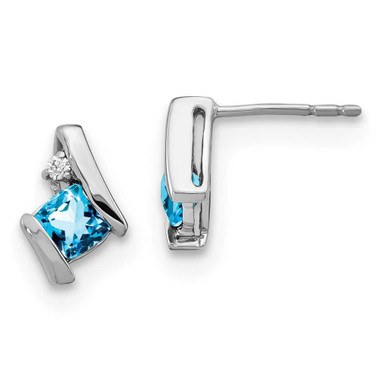 Image of 9.9mm Sterling Silver Antiqued Cushion Blue Topaz and Diamond Earrings