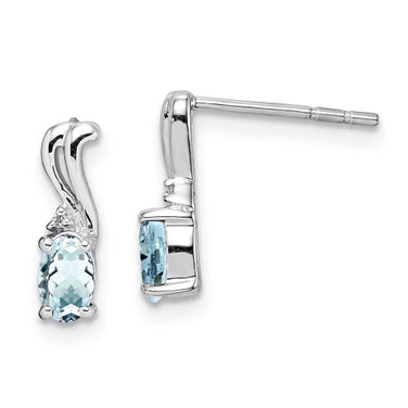 Image of 10mm Sterling Silver Rhodium-plated Diamond & Aquamarine Oval Post Earrings
