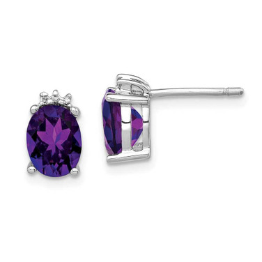 Image of 10mm Sterling Silver Rhodium-plated Oval Amethyst and Diamond Post Earrings
