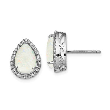 Image of 14mm Sterling Silver Rhodium-plated Polished Simulated Opal & CZ Post Earrings