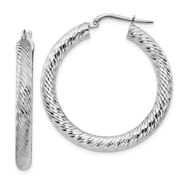 Image of 35mm 14k 4x25mm White Gold Diamond-cut Round Hoop Earrings