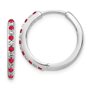 Image of 14K White Gold Lab Grown Diamond SI1/SI2, G H I, & Created Ruby Hinged Hoop Earrings