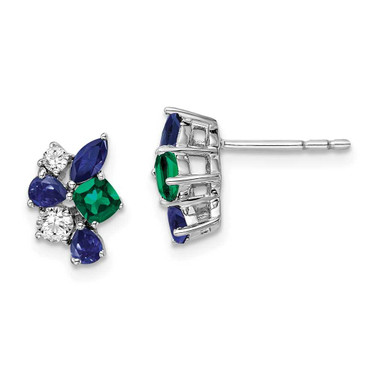 Image of 9.8mm 14K White Gold Lab Grown Diamond Created Blue Sapphire Created Emerald Earrings
