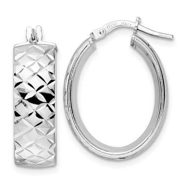 Image of 24.62mm Sterling Silver Rhodium-plated Polished Diamond-cut Oval Hoop Earrings QLE1367