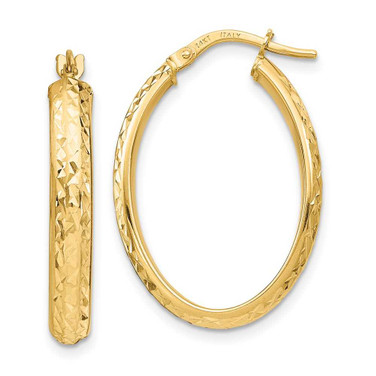 Image of 14K Yellow Gold Polished Diamond-cut Oval Hoop Earrings