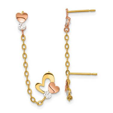 Image of 42mm 14k Madi K Two-Tone Gold CZ Double Post w/Chain Heart Earrings