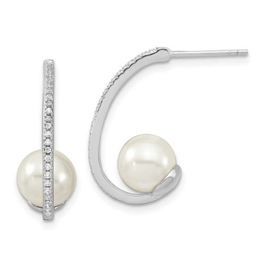 Image of Majestic Sterling Silver Rhodium-plated 8-9mm White Simulated Pearl CZ J-Hoop Post Earrings