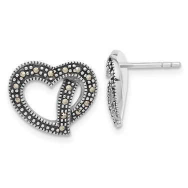 Image of 12.15mm Sterling Silver Antiqued Marcasite Heart Post Earrings