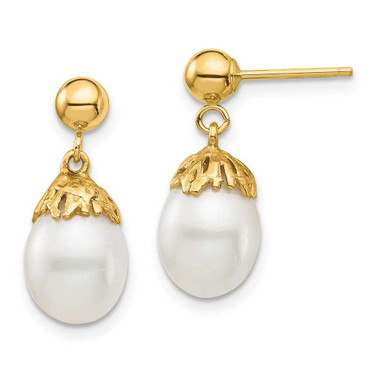 Image of 17.51mm 14K Yellow Gold 7-8mm White Rice Freshwater Cultured Pearl Dangle Post Earrings XF693E