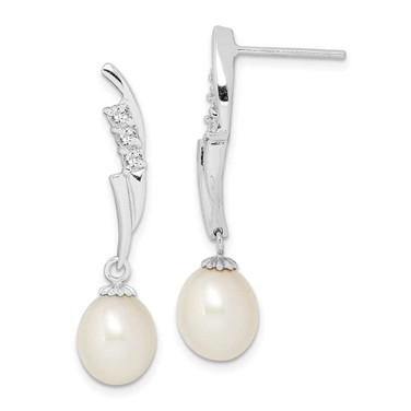 Image of 32.25mm Sterling Silver Rhodium-plated 7-8mm White Rice Freshwater Cultured Pearl CZ Earrings QE15210