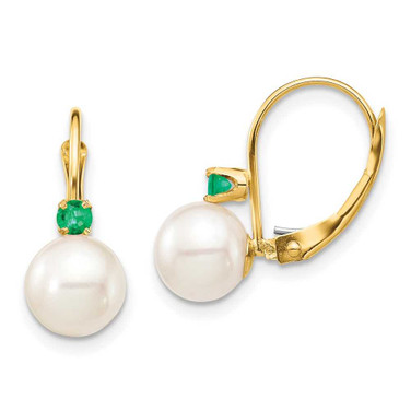 Image of 16mm 14K Yellow Gold 7-7.5mm White Round Freshwater Cultured Pearl Emerald Leverback Earrings XF751E/E