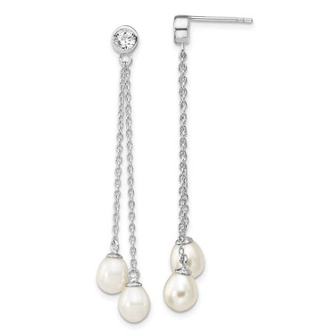 Image of 51mm Sterling Silver Rhodium-plated 6-7mm Rice Freshwater Cultured Pearl CZ Post Dangle Earrings QE13853